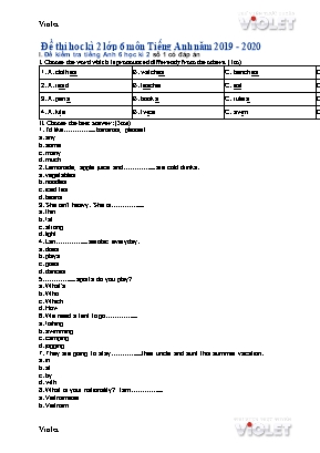 Đề thi học kỳ 2 môn Tiếng Anh Lớp 6 - Năm học 2019-2020
